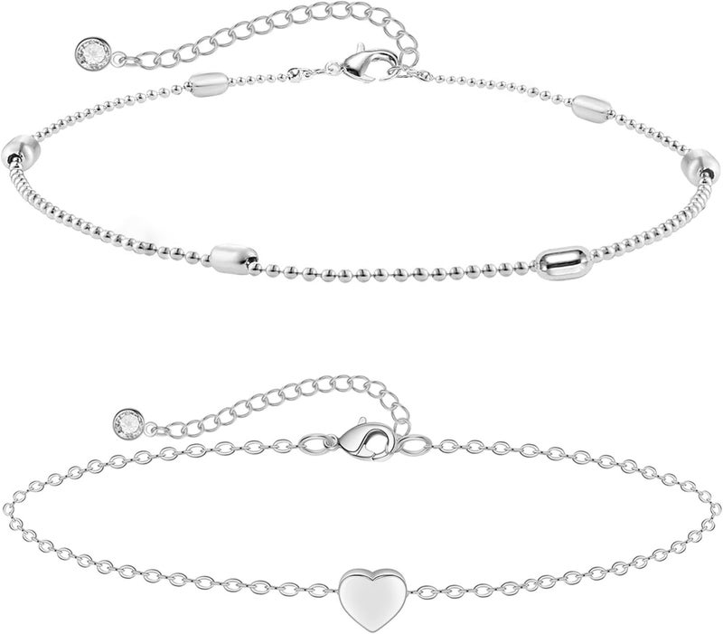 MIDEEO Gold/Silver Ankle Bracelets for Women,14K Gold Anklets for Women Waterproof Cuban Link Heart Beads Herringbone Rhinestone Anklets Set Layered Anklet Bracelets for Women Gold Jewelry Gift - Image 1